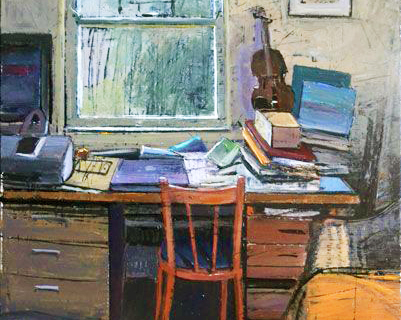 painting of messy desk in front of a window